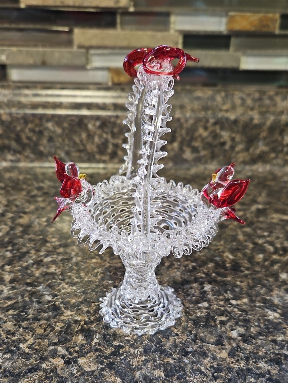 Handblown Glass Basket With Birds